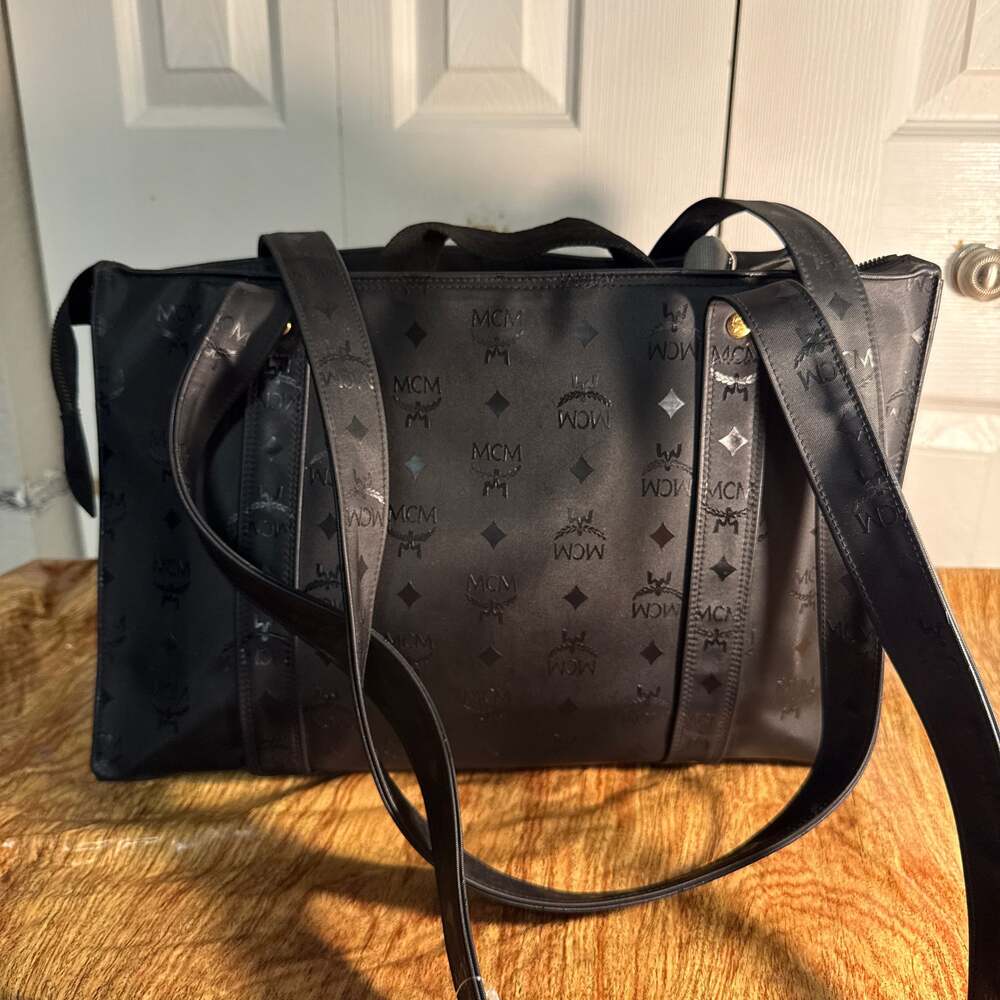 MCM Black Monogram Jacquard Tote Bag, Large Shoulder Satchel
